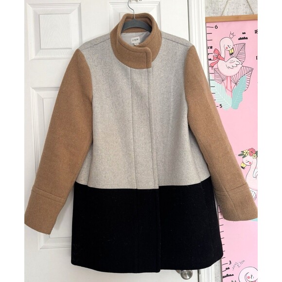 J.Crew Wool Colorblock Coat Size 12 Tan Gray Zipped - Picture 1 of 10